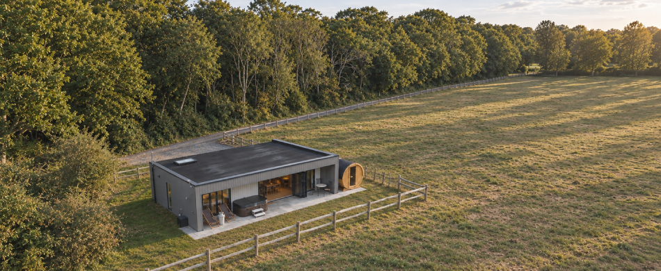 A drone image taken by Twin Flame showing the lodge and surrounding countryside